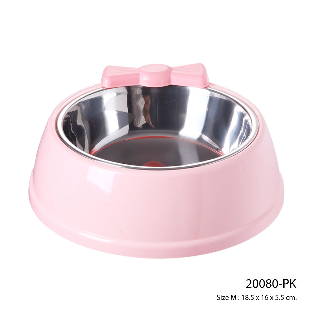Pet Stainless Bowl ชามอาหารสัตว์เลี้ยง รุ่นสแตนเลส ชามน้ำ พลาสติกหนาพิเศษ สำหรับสุนัขและแมว Size M ขนาด 18.5x16x5.5 ซม. (สีชมพู)