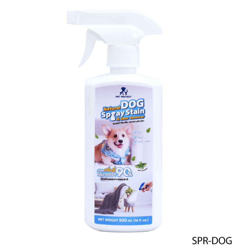 Pet Protect Dog สเปรย์อเนกประสงค์ กลิ่นมิ้นท์ กำจัดกลิ่นฉี่และคราบ เช่นพื้น โซฟา กรง สำหรับสุนัข (500 มล./ขวด)