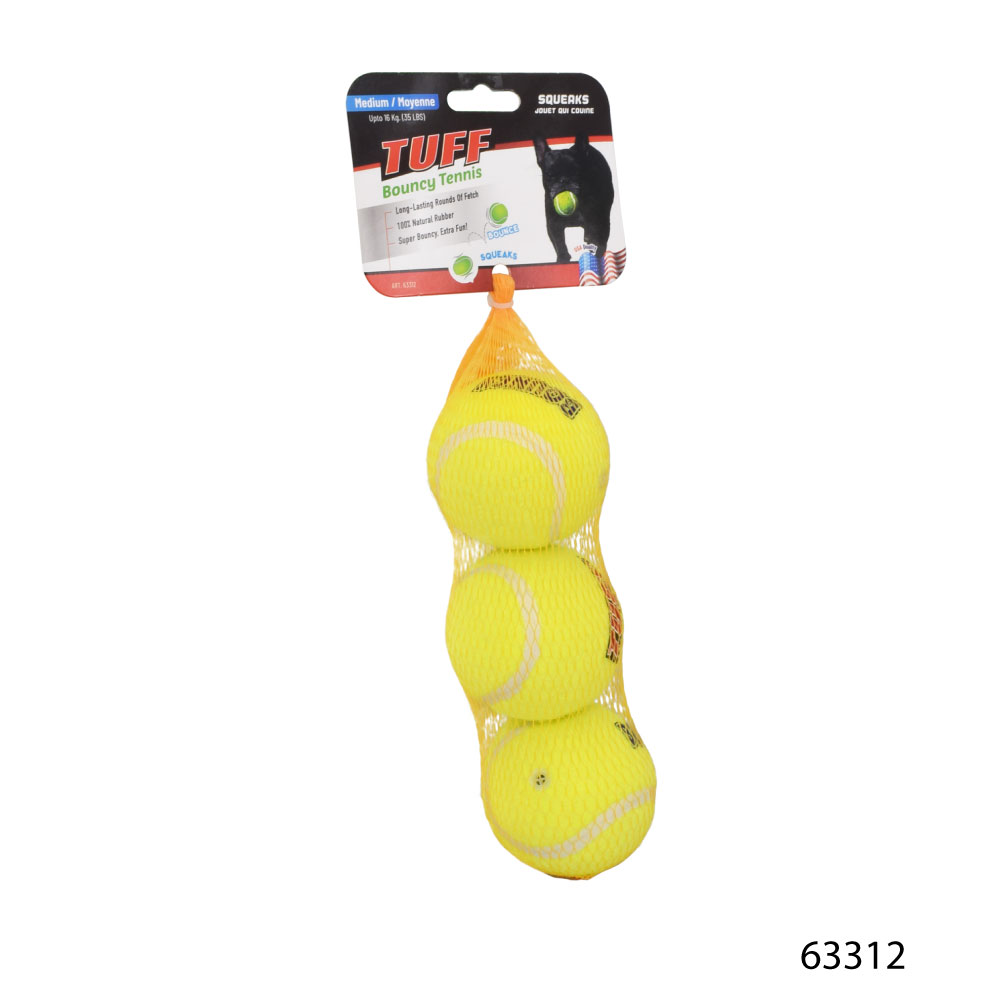 TUFF Tennis Ball ของเล่นสุนัข ของเล่นลูกเทนนิส บีบมีเสียง เด้งได้ สำหรับสุนัขพันธุ์กลาง Size M ขนาด 6.3 ซม. (3 ลูก/แพ็ค)