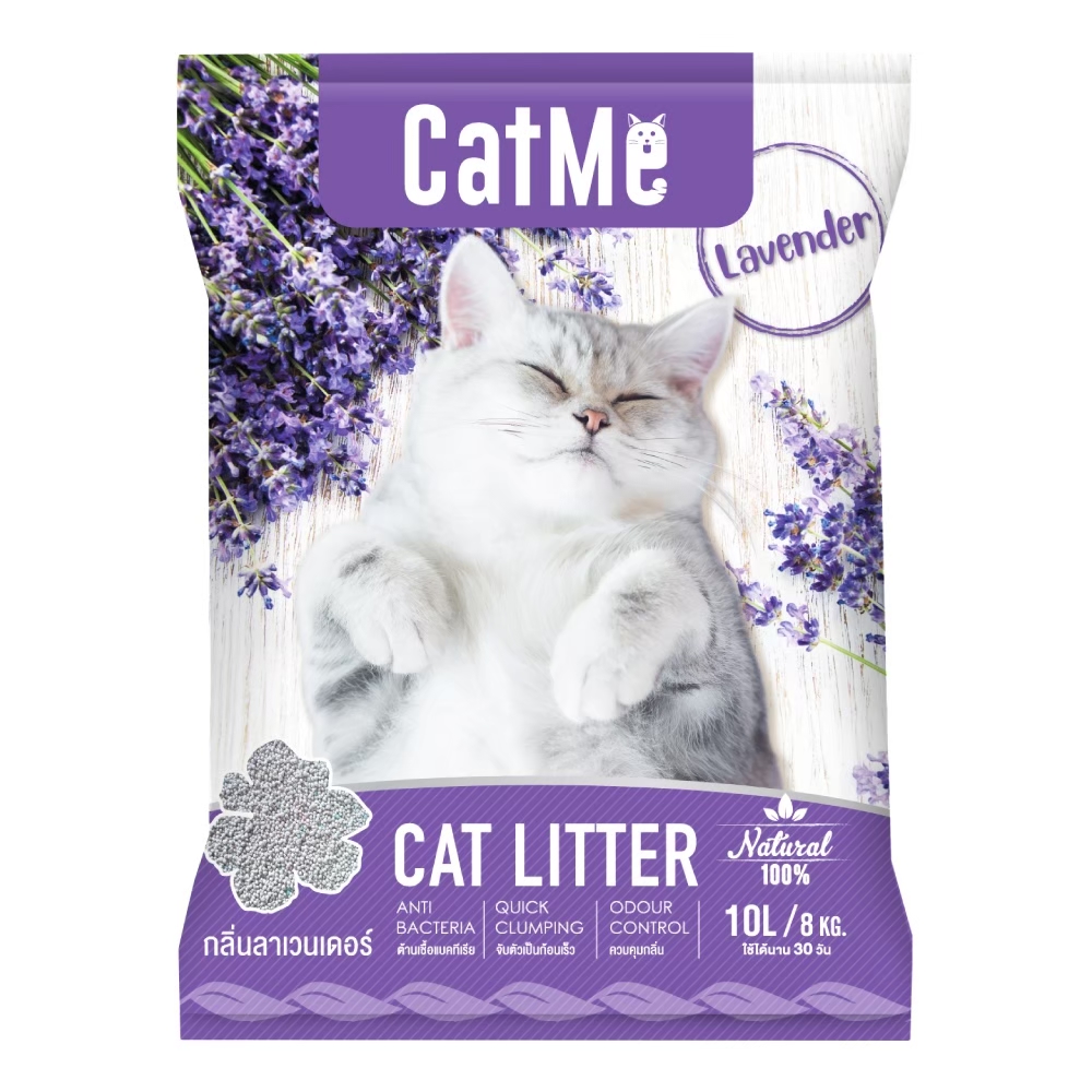 CatMe Litter 10 L. ทรายแมว ทรายหินภูเขาไฟ กลิ่น Lavender จับตัวเป็นก้อนเร็ว กลิ่นหอมสดชื่น บรรจุ 10 ลิตร (8 Kg.)