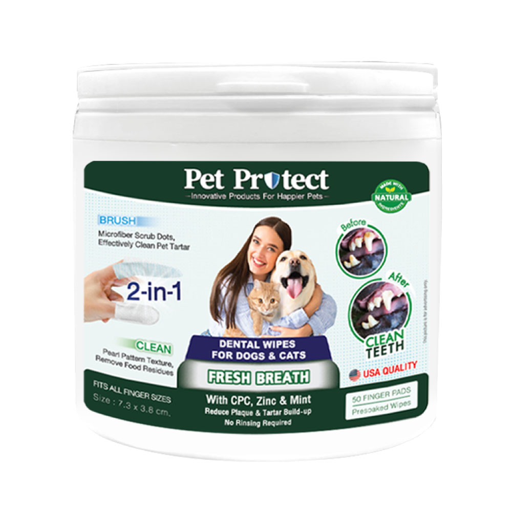 Pet Protect Dental Wipes ผ้าเปียกเช็ดฟัน 2-in-1 ลดกลิ่นปาก ลดคราบหินปูน ใช้งานง่าย สำหรับสุนัขและแมว (50 ชิ้น/แพ็ค)