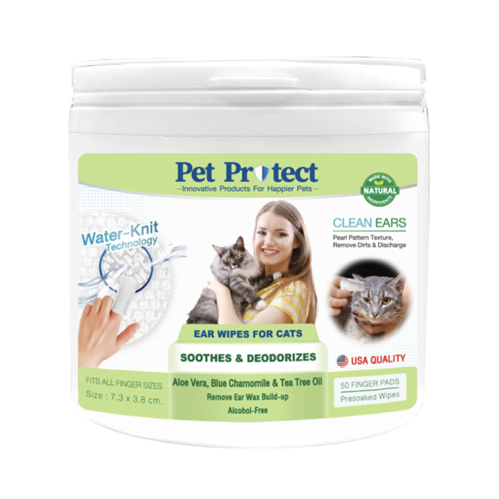 Pet Protect Cat Ear Wipes ผ้าเปียกเช็ดหูแมว รุ่นสวมนิ้ว ช่วยลดอาการอักเสบและคัน ลดกลิ่นเหม็น สำหรับแมว (50 ชิ้น/แพ็ค)