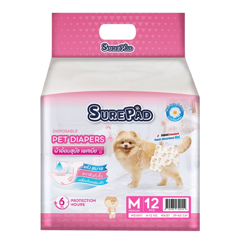 SurePad Pet Diapers ผ้าอ้อมสุนัข ฝึกขับถ่าย Size M สำหรับสุนัขพันธุ์กลาง น้ำหนัก 8-12 Kg. รอบเอว 39-60 ซม. (12 ชิ้น/แพ็ค)