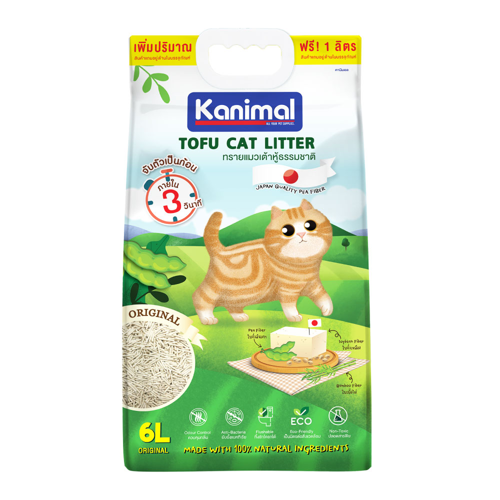 Kanimal Tofu Litter 6L. ทรายแมวเต้าหู้ สูตร Original ไร้ฝุ่น จับตัวเป็นก้อน ทิ้งชักโครกได้ สำหรับแมวทุกวัย บรรจุ 6 ลิตร (แถมฟรี 1 ลิตร)