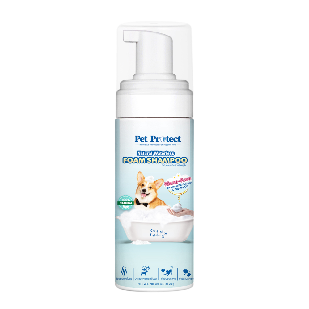 Pet Protect Dog Foam Shampoo แชมพูอาบแห้งสุนัข โฟมอาบแห้ง สูตรอ่อนโยน ไม่ระคายเคือง บำรุงขน (ธรรมชาติ 100%) สำหรับสุนัข (200 มล./ขวด)