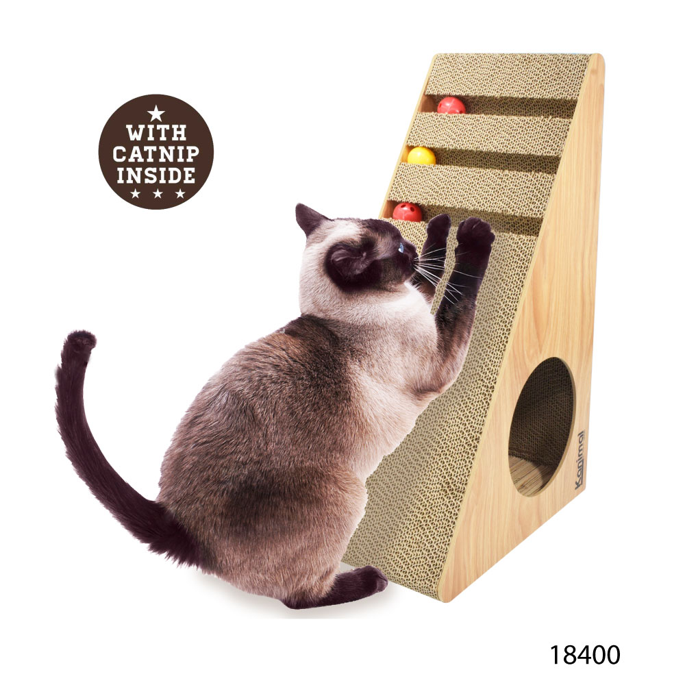 Kanimal Cat Toy ของเล่นแมว ที่ลับเล็บแมวหรู รุ่นสามเหลี่ยมรางบอล ขอบไม้หนา (พร้อม Catnip) Size XL 60x25x36 ซม.