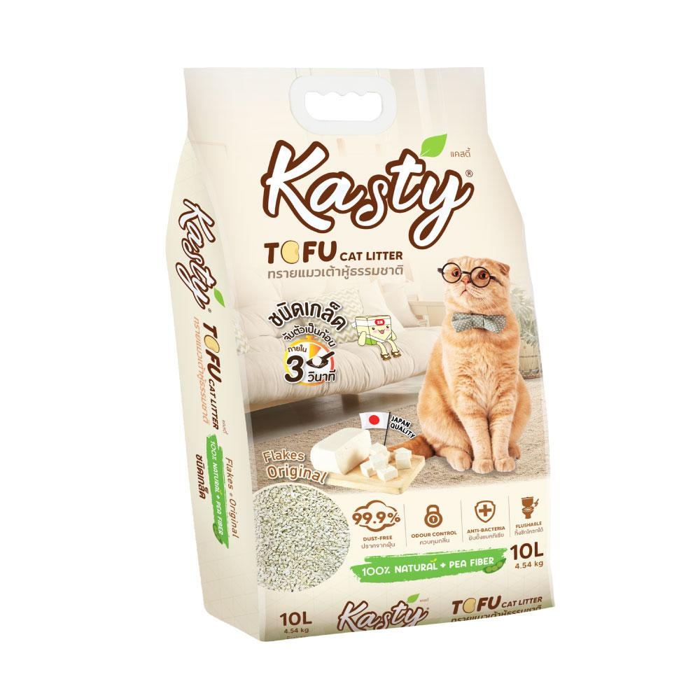 Kasty Flakes Natural Tofu Cat Litter 10 L. ทรายแมวเต้าหู้ธรรมชาติ ชนิดเกล็ดละเอียด สูตร Original จับตัวเป็นก้อน ทิ้งชักโครกได้ สำหรับแมวทุกวัย บรรจุ 4.54 กิโลกรัม