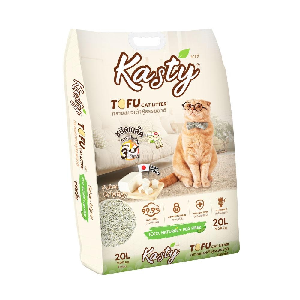 Kasty Flakes Natural Tofu Cat Litter 20 L. ทรายแมวเต้าหู้ธรรมชาติ ชนิดเกล็ดละเอียด สูตร Original จับตัวเป็นก้อน ทิ้งชักโครกได้ สำหรับแมวทุกวัย บรรจุ 9.08 กิโลกรัม
