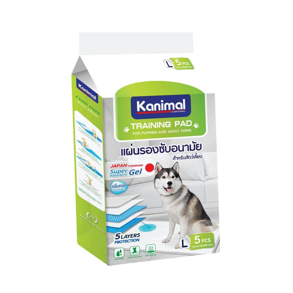 Kanimal Training Pad แผ่นรองฉี่สุนัข แผ่นรองซับ สำหรับสุนัข Size L ขนาด 60 x90 ซม. (5แผ่น/แพ็ค)– 80 กรัม / แผ่น