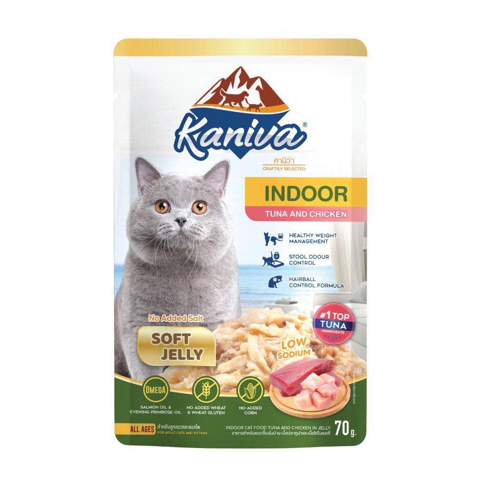 Kaniva Indoor Cat Wet Food Tuna and Chicken in Jelly 70 g. อาหารเปียกสำหรับแมวเลี้ยงในบ้าน สูตรเนื้อปลาทูน่าและเนื้อไก่ในเยลลี่