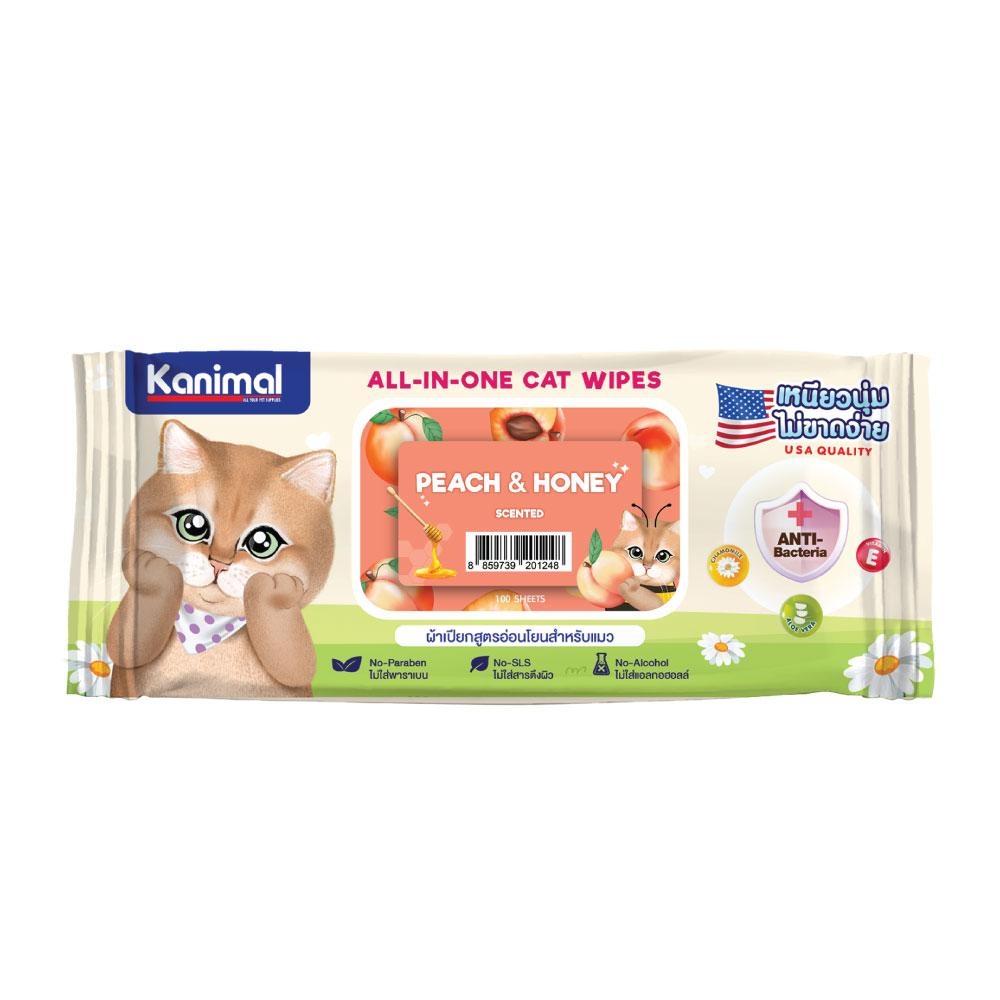 Kanimal Cat Wipes ทิชชู่เปียกสำหรับแมว ผ้าเปียกเช็ดตัว กลิ่น Peach & Honey ช่วยยับยั้งแบคทีเรีย (100 แผ่น/ แพ็ค)