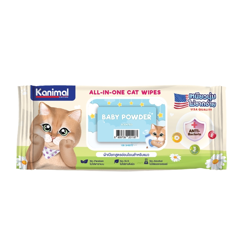 Kanimal Cat Wipes ทิชชู่เปียกสำหรับแมว ผ้าเปียกเช็ดตัว กลิ่น Baby Powder ช่วยยับยั้งแบคทีเรีย (100 แผ่น/ แพ็ค)
