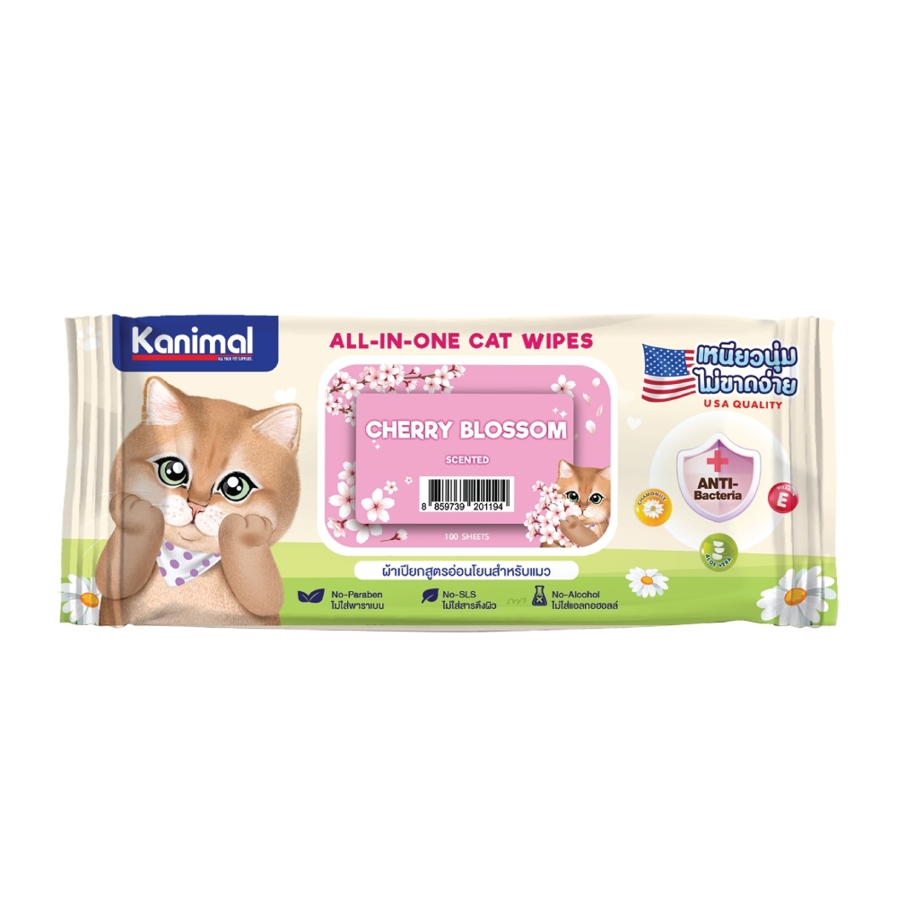 Kanimal Cat Wipes ทิชชู่เปียกสำหรับแมว ผ้าเปียกเช็ดตัว กลิ่น Cherry Blossom ช่วยยับยั้งแบคทีเรีย (100 แผ่น/ แพ็ค)
